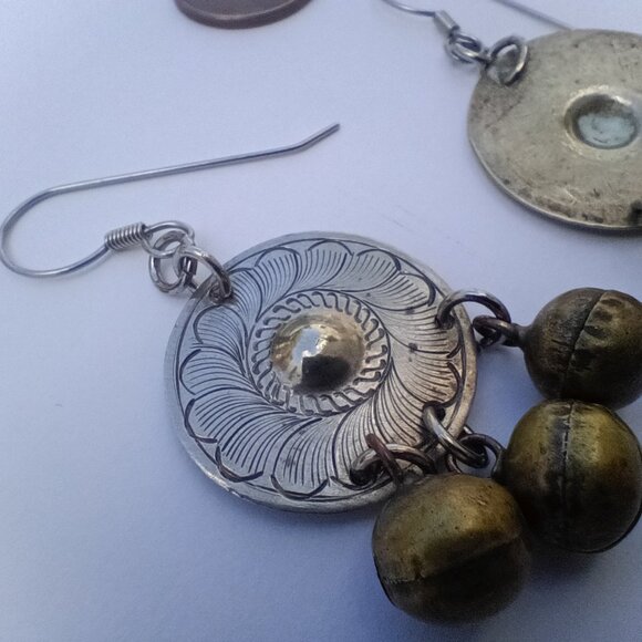 Vintage "Mexican Silver" Disc Earrings with Bells - Picture 2 of 3